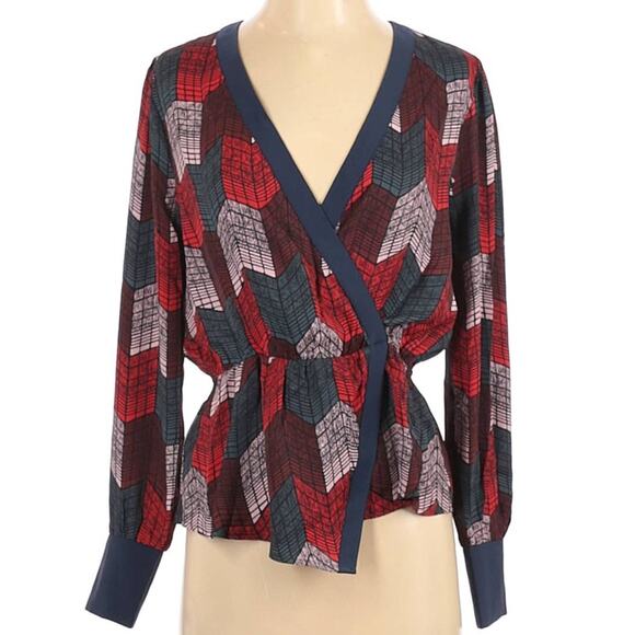 New BCBGMaxAzria XS Silky Wrap Peplum Blouse Top Geo Chevron Print Red Teal L/S - Picture 9 of 13